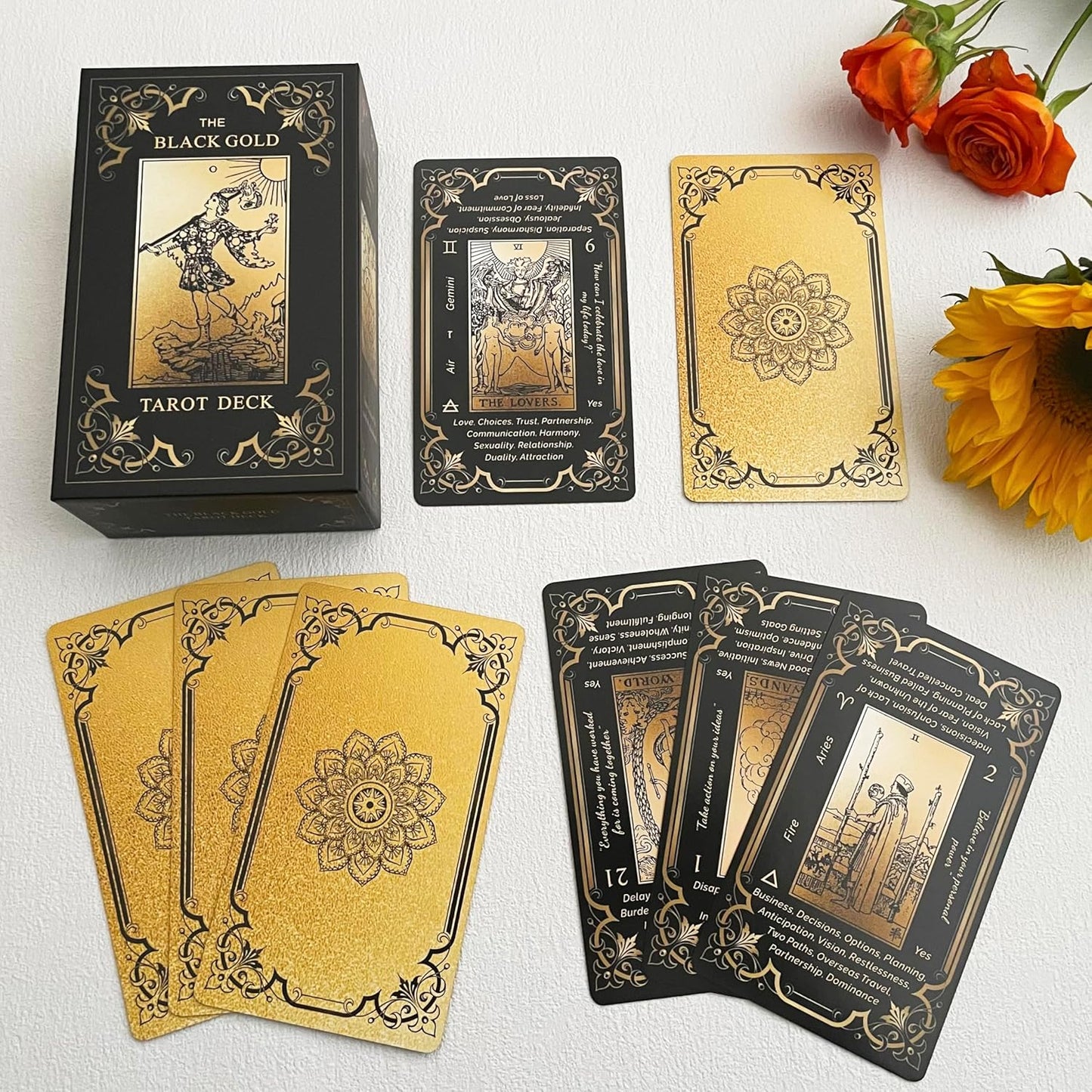 Black Gold Tarot Cards Set, Beginner's Tarot Cards with Meanings, Gold Gilded Edges Deck with Guide Book