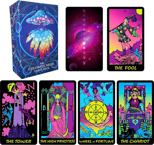 Colorful Neon Tarot Cards for Sale With Guidebook - 78 Classic Cards With Meanings, Original Tarot Cards