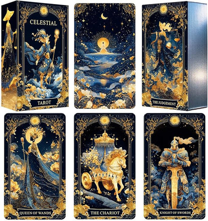 Celestial Tarot Cards for Beginners – Blue Gold Edge Spiritual Deck