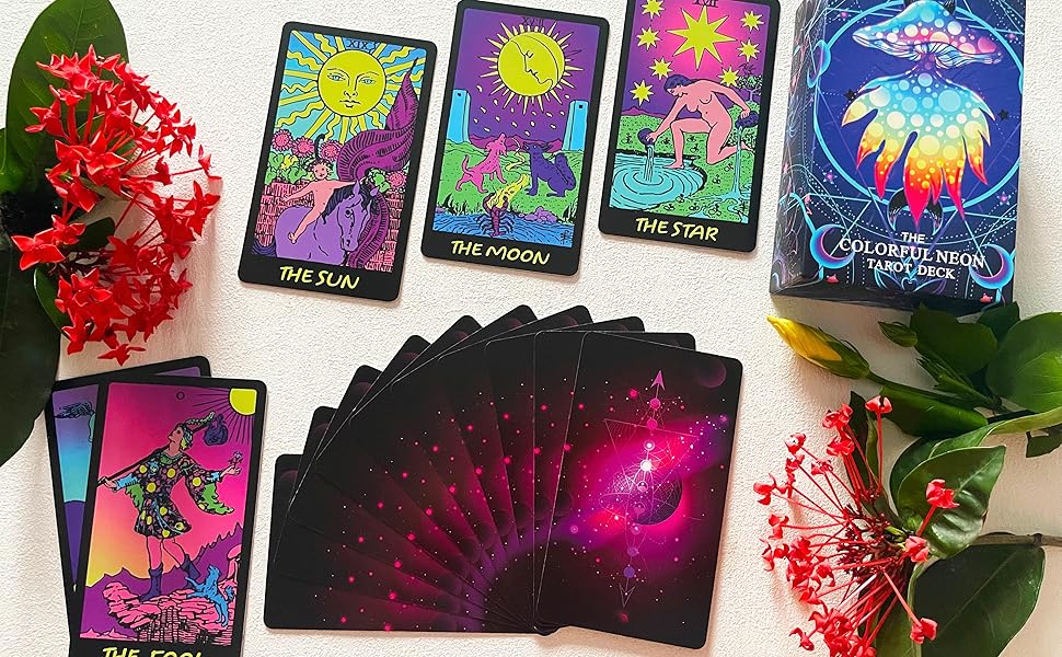 Colorful Neon Tarot Cards for Sale With Guidebook - 78 Classic Cards With Meanings, Original Tarot Cards