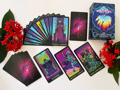 Colorful Neon Tarot Cards for Sale With Guidebook - 78 Classic Cards With Meanings, Original Tarot Cards