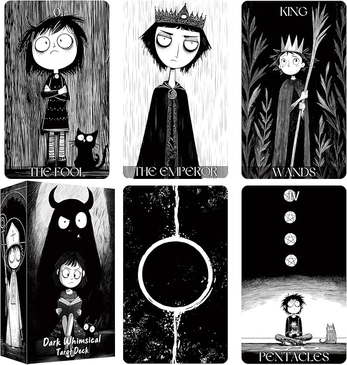 Dark Whimsical Tarot Cards for Beginners, Dark Whimsical Cartoon Style Tarot Deck with Quirky Characters and Expressive Visuals, Fortune Telling Cards