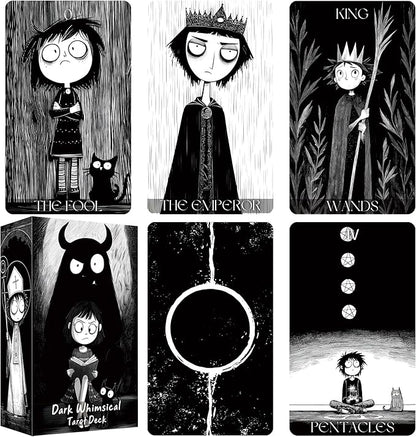 Dark Whimsical Tarot Cards for Beginners, Dark Whimsical Cartoon Style Tarot Deck with Quirky Characters and Expressive Visuals, Fortune Telling Cards