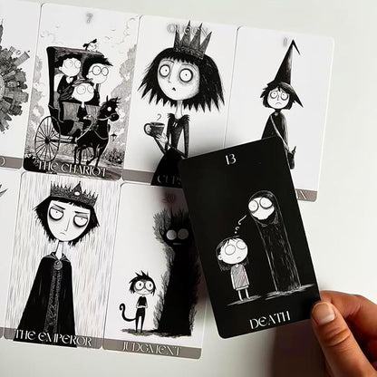 Dark Whimsical Tarot Cards for Beginners, Dark Whimsical Cartoon Style Tarot Deck with Quirky Characters and Expressive Visuals, Fortune Telling Cards