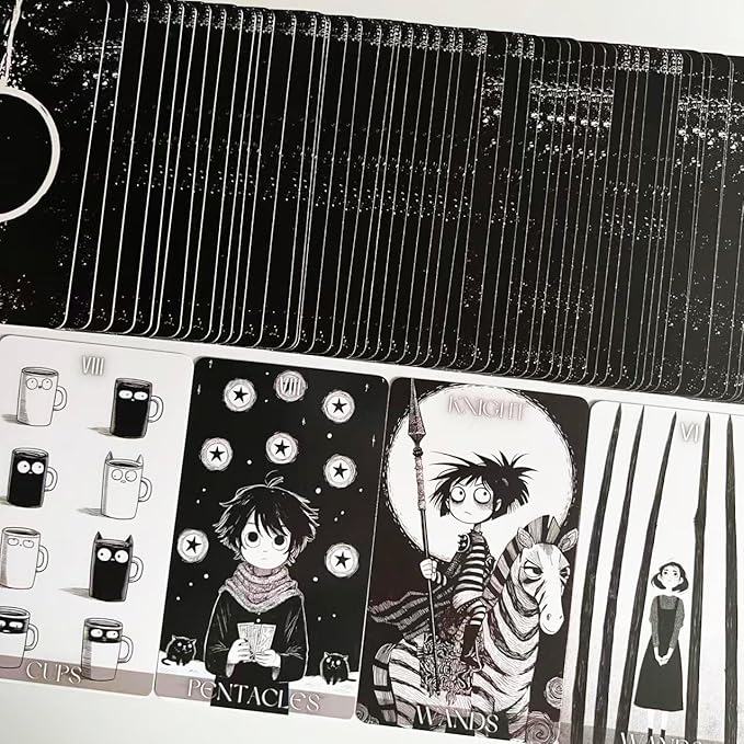 Dark Whimsical Tarot Cards for Beginners, Dark Whimsical Cartoon Style Tarot Deck with Quirky Characters and Expressive Visuals, Fortune Telling Cards