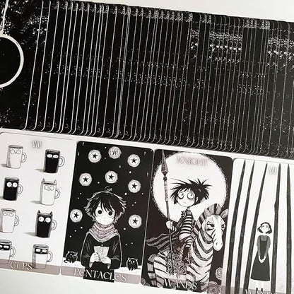 Dark Whimsical Tarot Cards for Beginners, Dark Whimsical Cartoon Style Tarot Deck with Quirky Characters and Expressive Visuals, Fortune Telling Cards