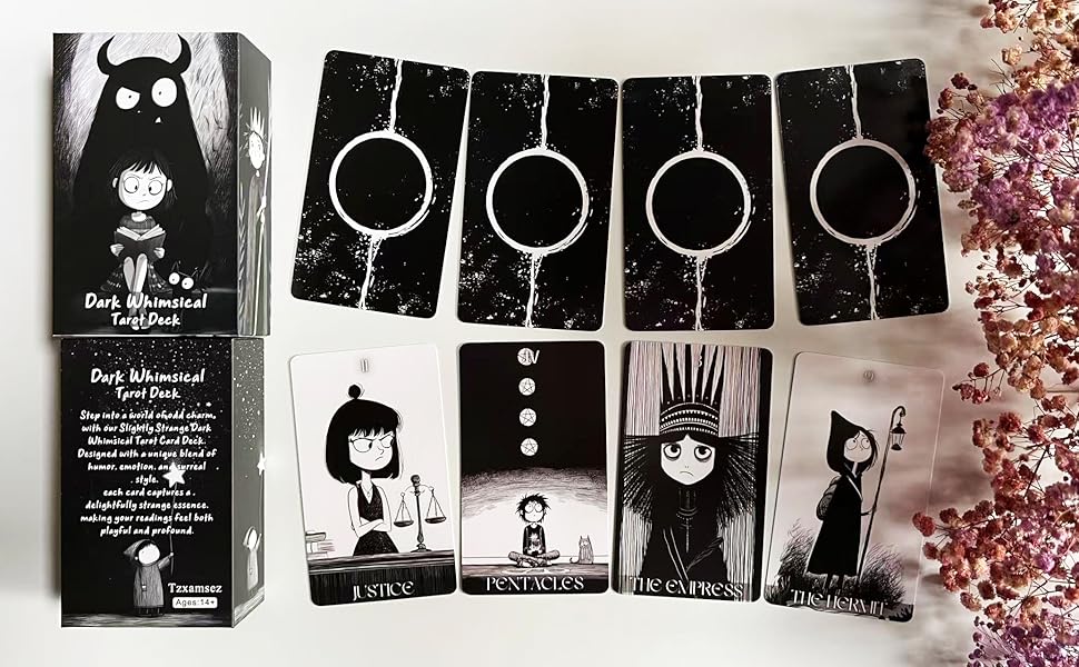 Dark Whimsical Tarot Cards for Beginners, Dark Whimsical Cartoon Style Tarot Deck with Quirky Characters and Expressive Visuals, Fortune Telling Cards
