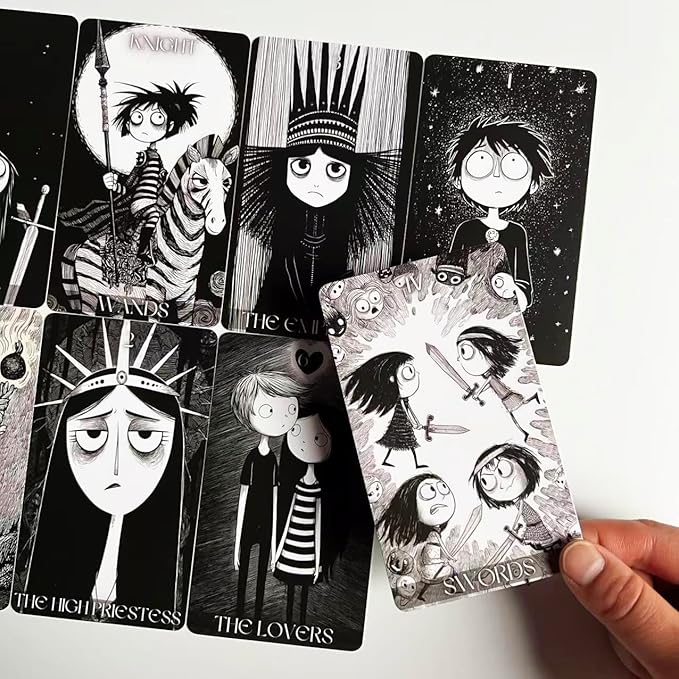 Dark Whimsical Tarot Cards for Beginners, Dark Whimsical Cartoon Style Tarot Deck with Quirky Characters and Expressive Visuals, Fortune Telling Cards