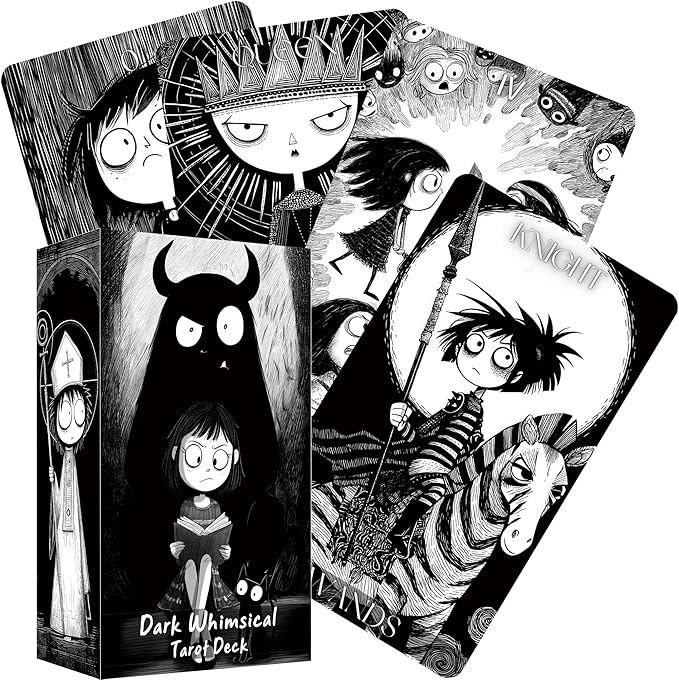 Dark Whimsical Tarot Cards for Beginners, Dark Whimsical Cartoon Style Tarot Deck with Quirky Characters and Expressive Visuals, Fortune Telling Cards
