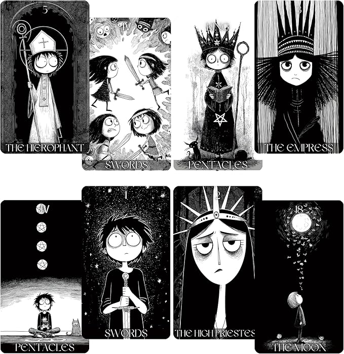 Dark Whimsical Tarot Cards for Beginners, Dark Whimsical Cartoon Style Tarot Deck with Quirky Characters and Expressive Visuals, Fortune Telling Cards