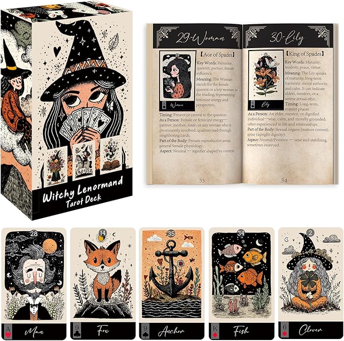 Witchy Lenormand Oracle Cards for Beginners – 36 Card Divination Deck with Guidebook